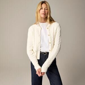 J. Crew Women's Odette Cable-Knit Cardigan Sweater Cotton-Blend Ivory Size L NWT